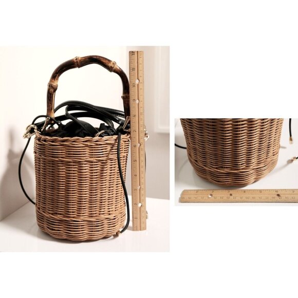 ZARA Black & Beige Woven Rattan Straw Crossbody Bucket Bag - Picture 2 of 8